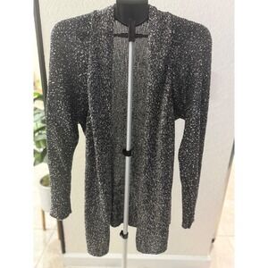Eileen Fisher XL Marled Knit Duster Cardigan Black White Open Italian Yarn EUC